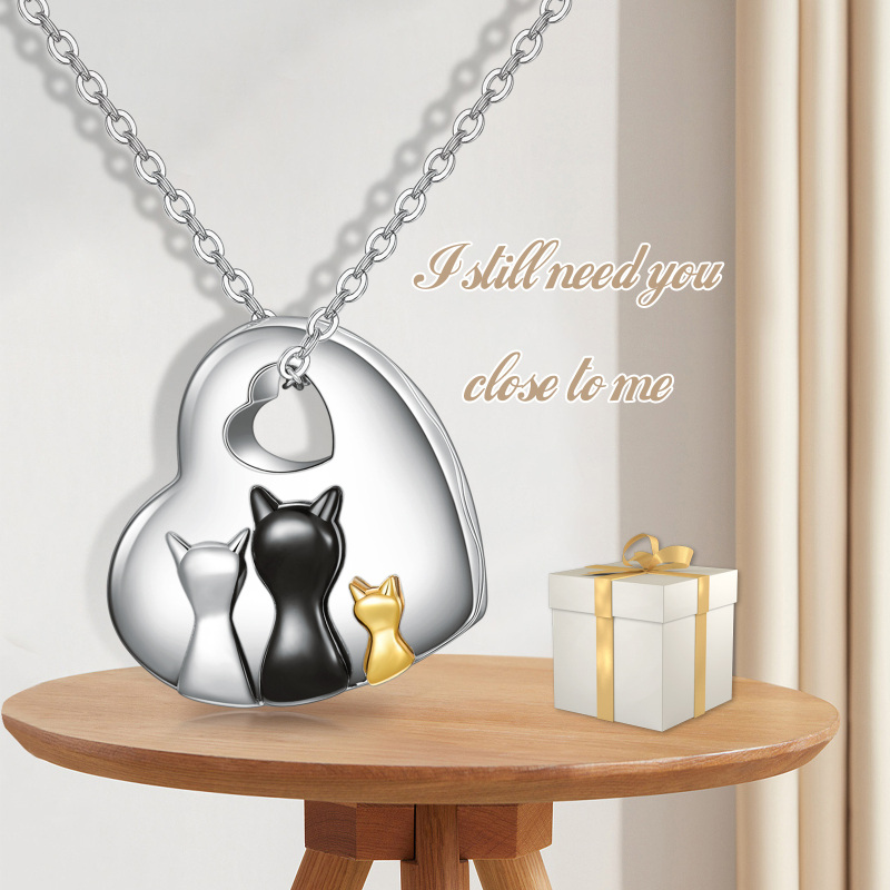 Collana con urna per le ceneri in argento sterling con gatto e cuore in tre tonalità-5