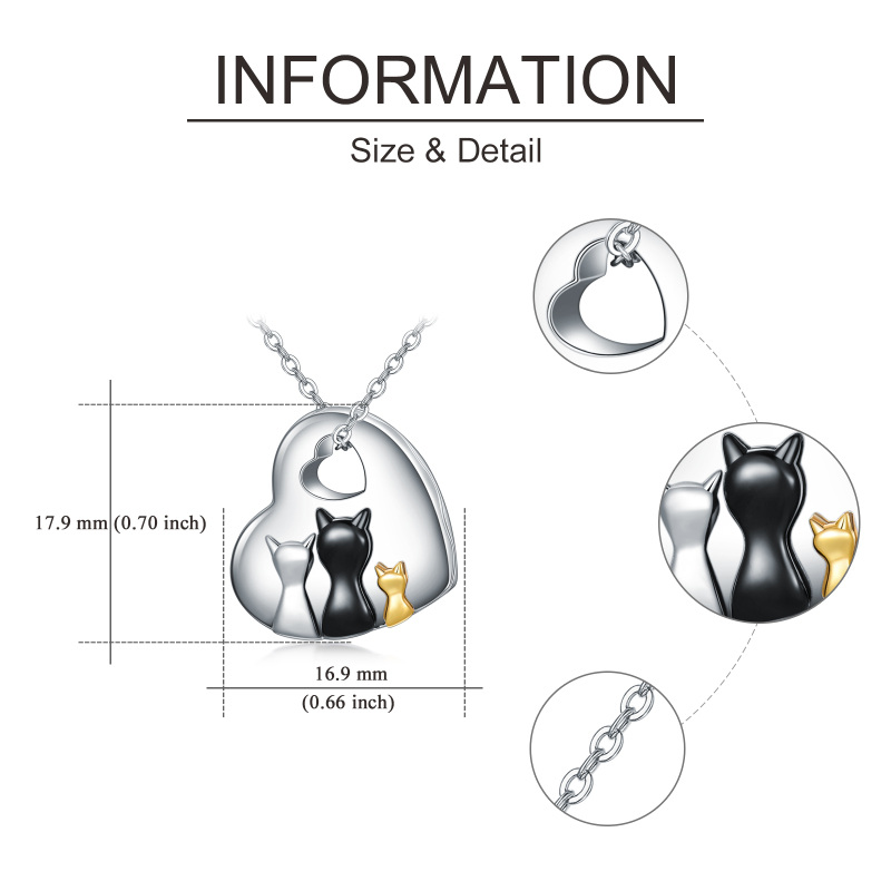 Collana con urna per le ceneri in argento sterling con gatto e cuore in tre tonalità-6