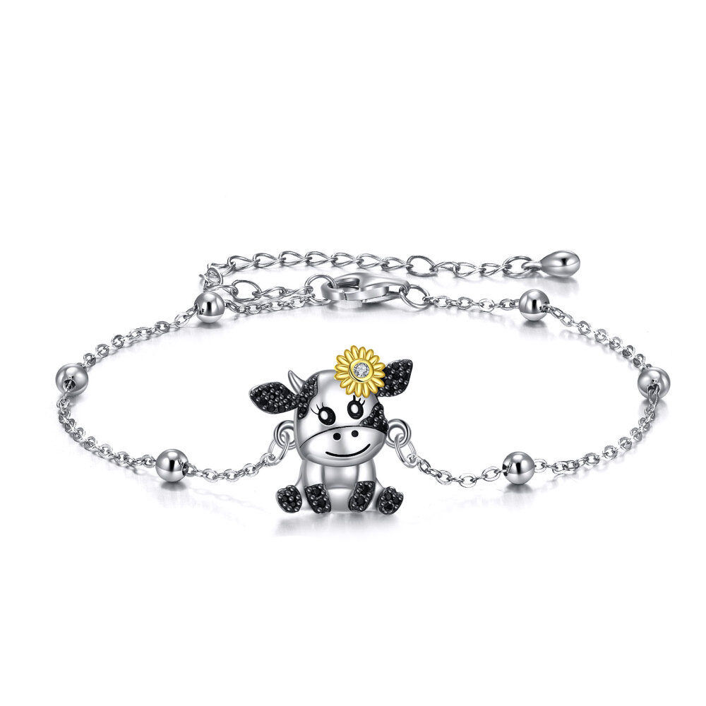 Sterling Silver Tri-tone Circular Shaped Cubic Zirconia Cow & Sunflower Charm Bracelet-1