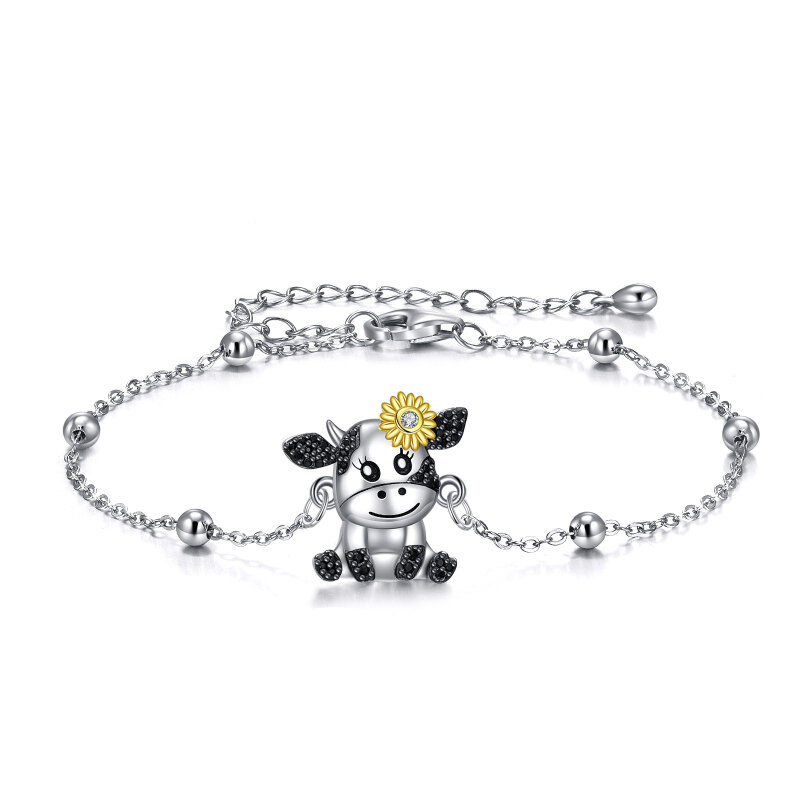 Sterling Silver Tri-tone Circular Shaped Cubic Zirconia Cow & Sunflower Charm Bracelet