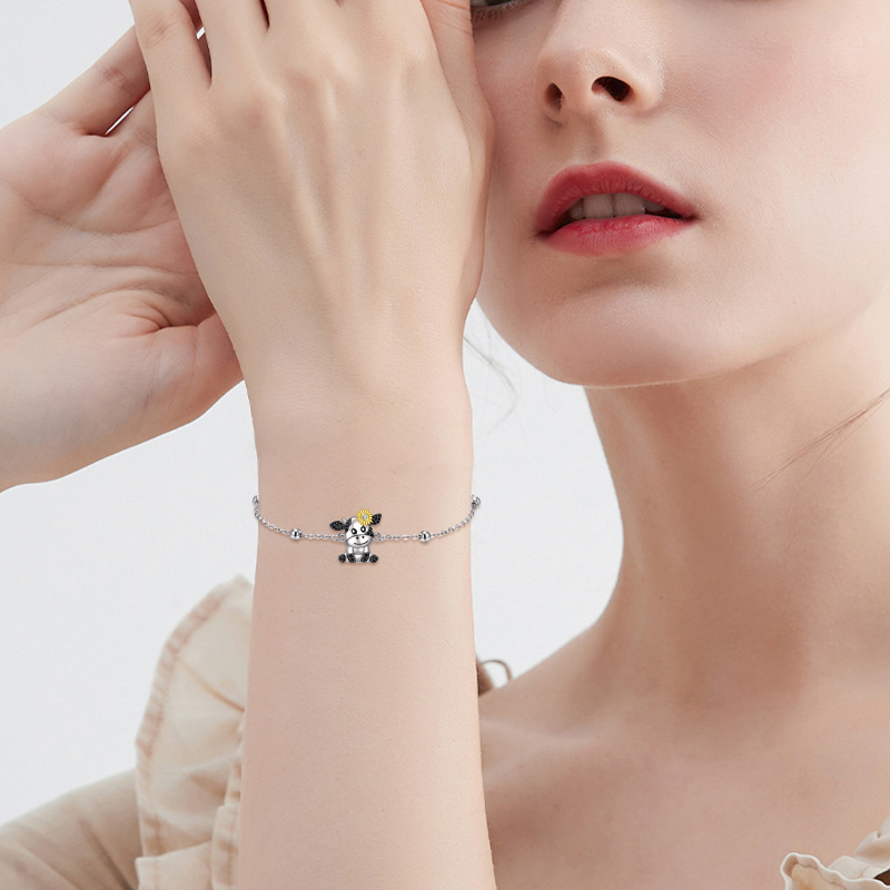 Sterling Silver Tri-tone Circular Shaped Cubic Zirconia Cow & Sunflower Charm Bracelet-2