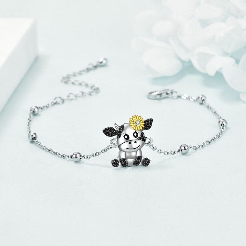 Sterling Silver Tri-tone Circular Shaped Cubic Zirconia Cow & Sunflower Charm Bracelet-3