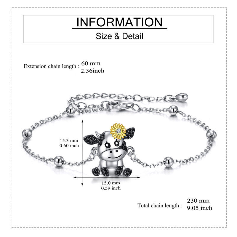 Sterling Silver Tri-tone Circular Shaped Cubic Zirconia Cow & Sunflower Charm Bracelet-4