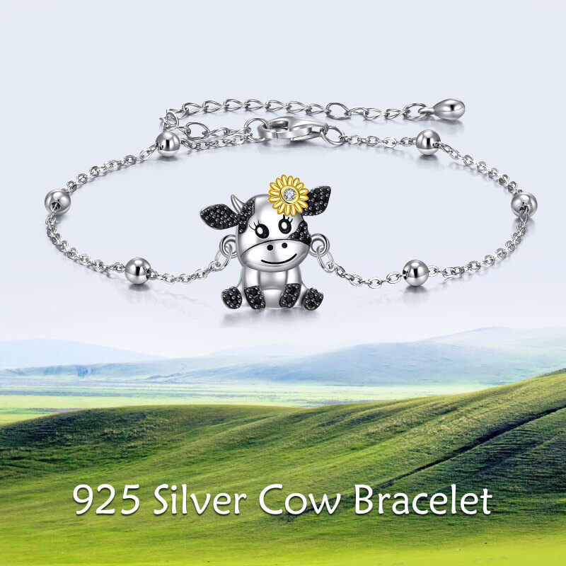 Sterling Silver Tri-tone Circular Shaped Cubic Zirconia Cow & Sunflower Charm Bracelet-5