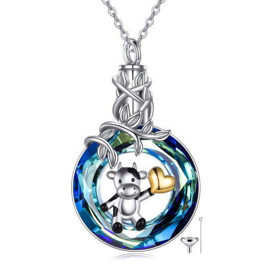 Sterling Silver Tri-tone Circular Shaped Crystal Cow & Heart Urn Necklace for Ashes