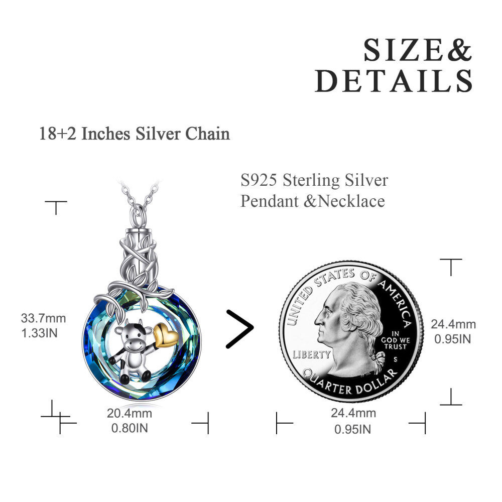 Sterling Silver Tri-tone Circular Shaped Crystal Cow & Heart Urn Necklace for Ashes-3