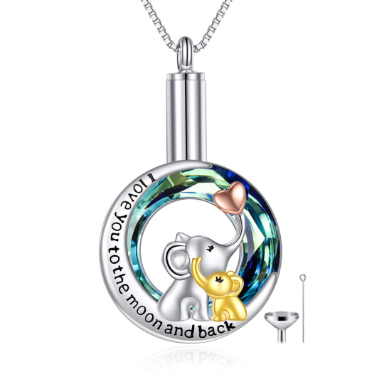 Collar de urna de luna de elefante de cristal con forma circular de tres tonos de plata de ley para cenizas con palabra grabada