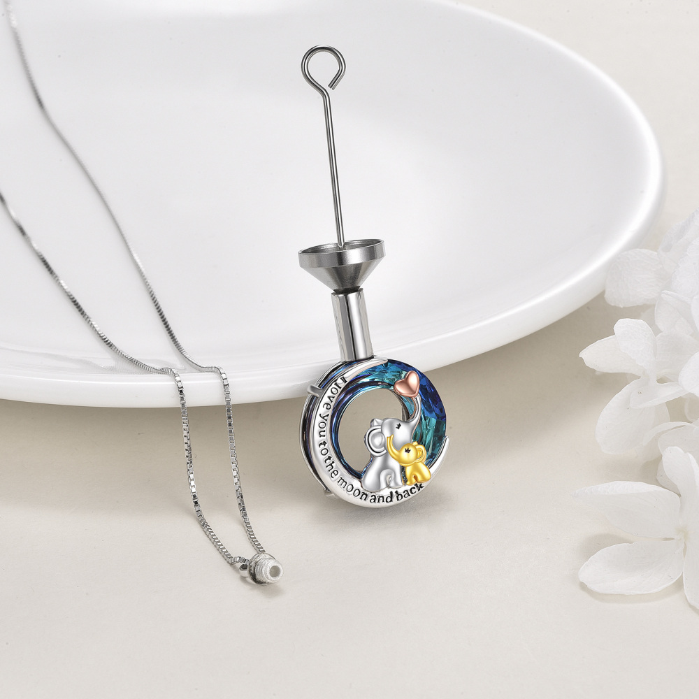 Sterling Silver Tri-tone Circular Shaped Crystal Elephant & Moon Urn Necklace for Ashes with Engraved Word-3
