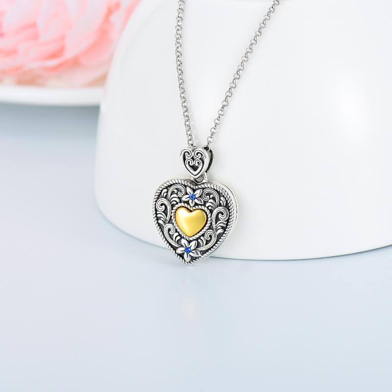 Sterling Silver Tri-tone Circular Shaped Crystal Heart Personalized Photo Locket Necklace with Engraved Word-4