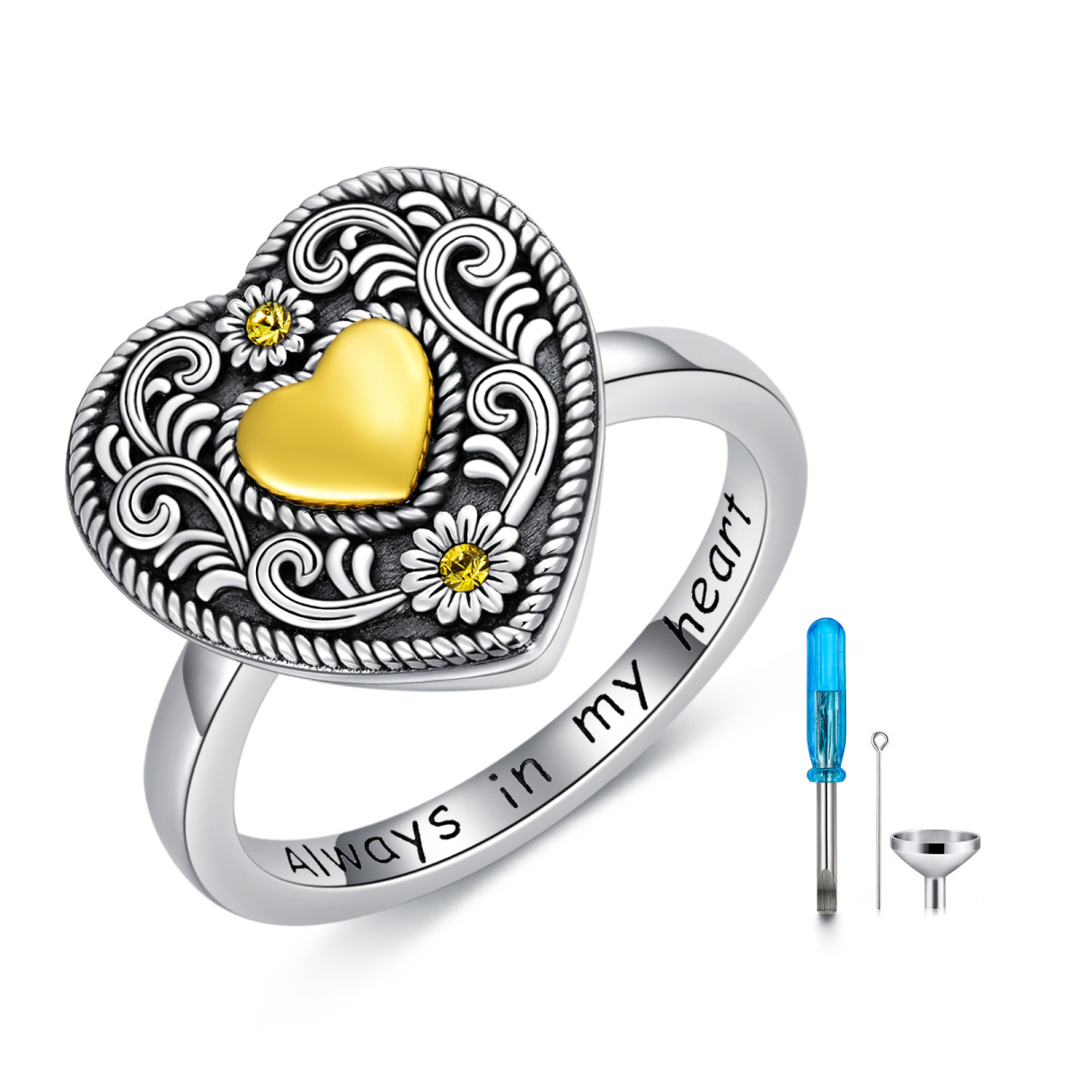 Prata esterlina Tri-tone Circular Shaped Crystal Sunflower & Heart Urn Ring com palavra gr-1