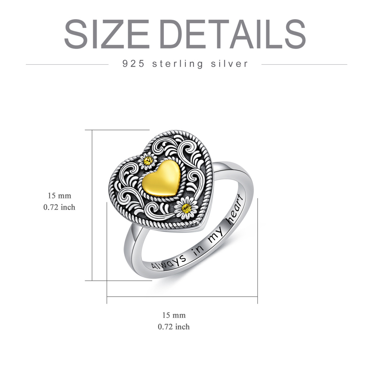 Prata esterlina Tri-tone Circular Shaped Crystal Sunflower & Heart Urn Ring com palavra gr-3