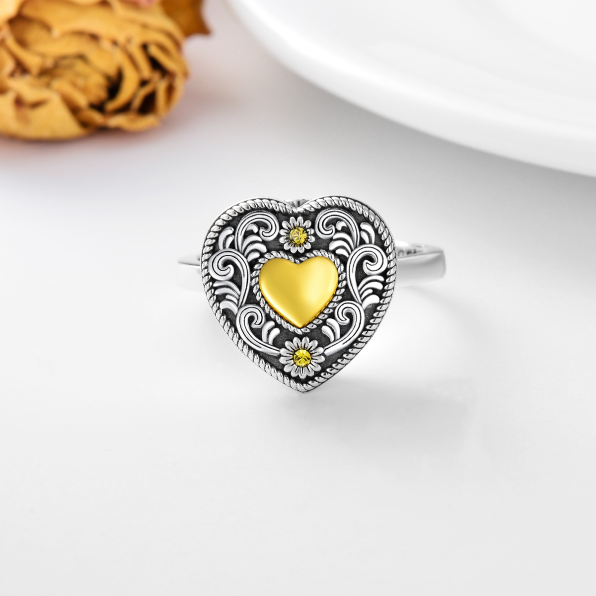 Prata esterlina Tri-tone Circular Shaped Crystal Sunflower & Heart Urn Ring com palavra gr-4