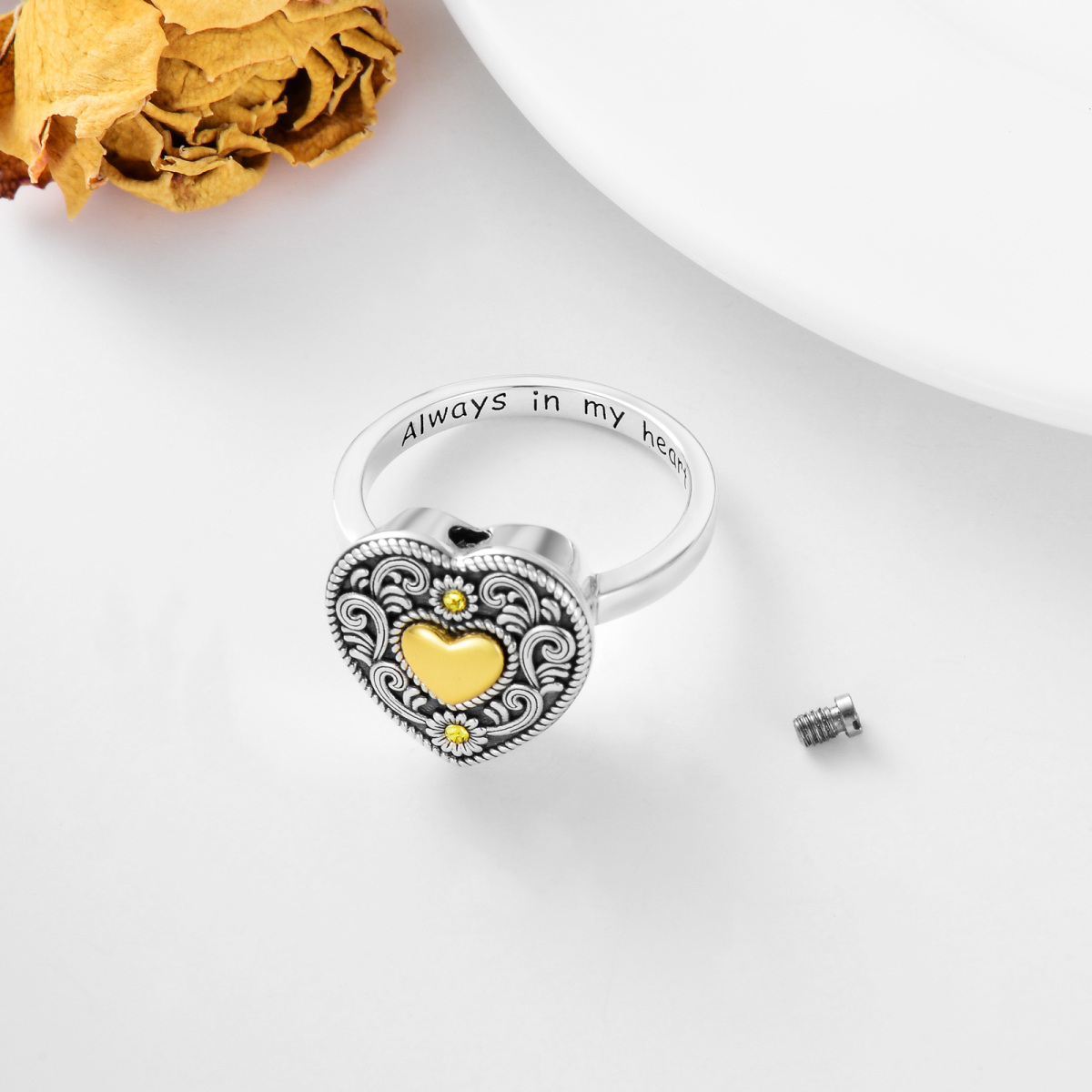 Sterling Silver Tri-tone Circular Shaped Crystal Sunflower & Heart Urn Ring with Engraved Word-5