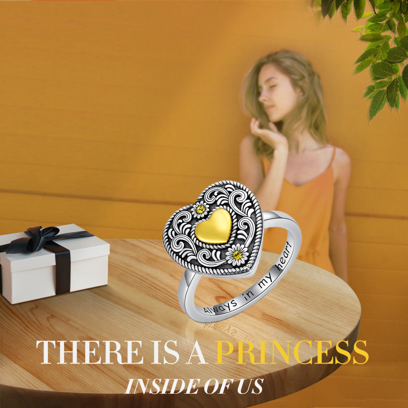 Sterling Silver Tri-tone Round Shaped Crystal Sunflower & Heart Urn Ring with Engraved Word-6