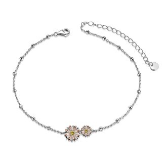 Sterling Silver Tri-tone Circular Shaped Cubic Zirconia Daisy Single Layer Anklet-38