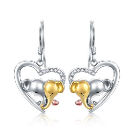 Sterling Silver Tri-tone Circular Shaped Cubic Zirconia Elephant & Heart Drop Earrings