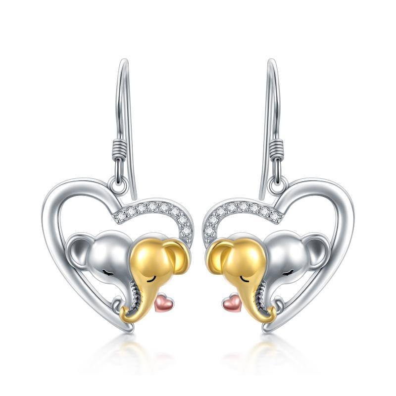 Sterling Silver Tri-tone Circular Shaped Cubic Zirconia Elephant & Heart Drop Earrings