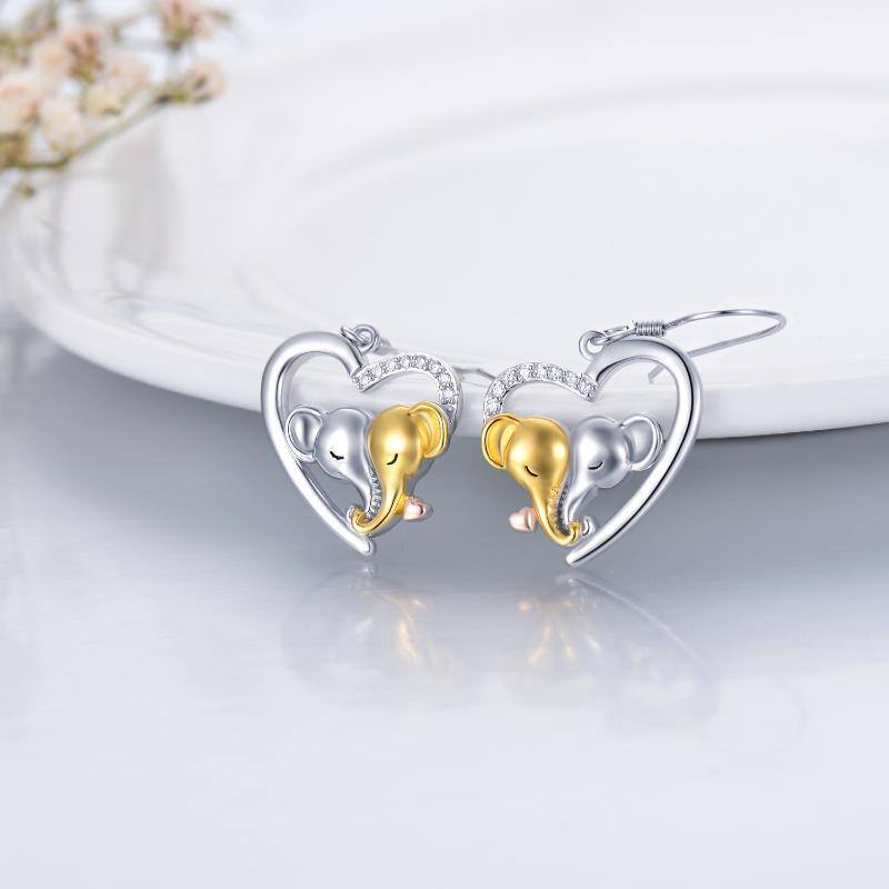 Boucles d'oreilles pendantes éléphant et coeur en argent sterling, de forme circulaire et-3