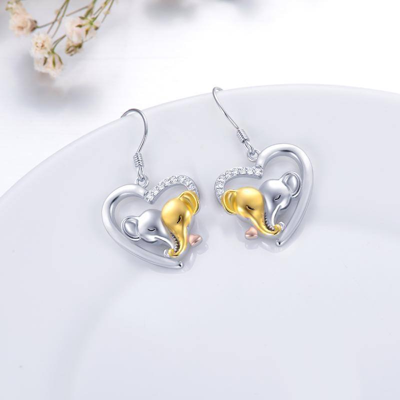 Boucles d'oreilles pendantes éléphant et coeur en argent sterling, de forme circulaire et-4