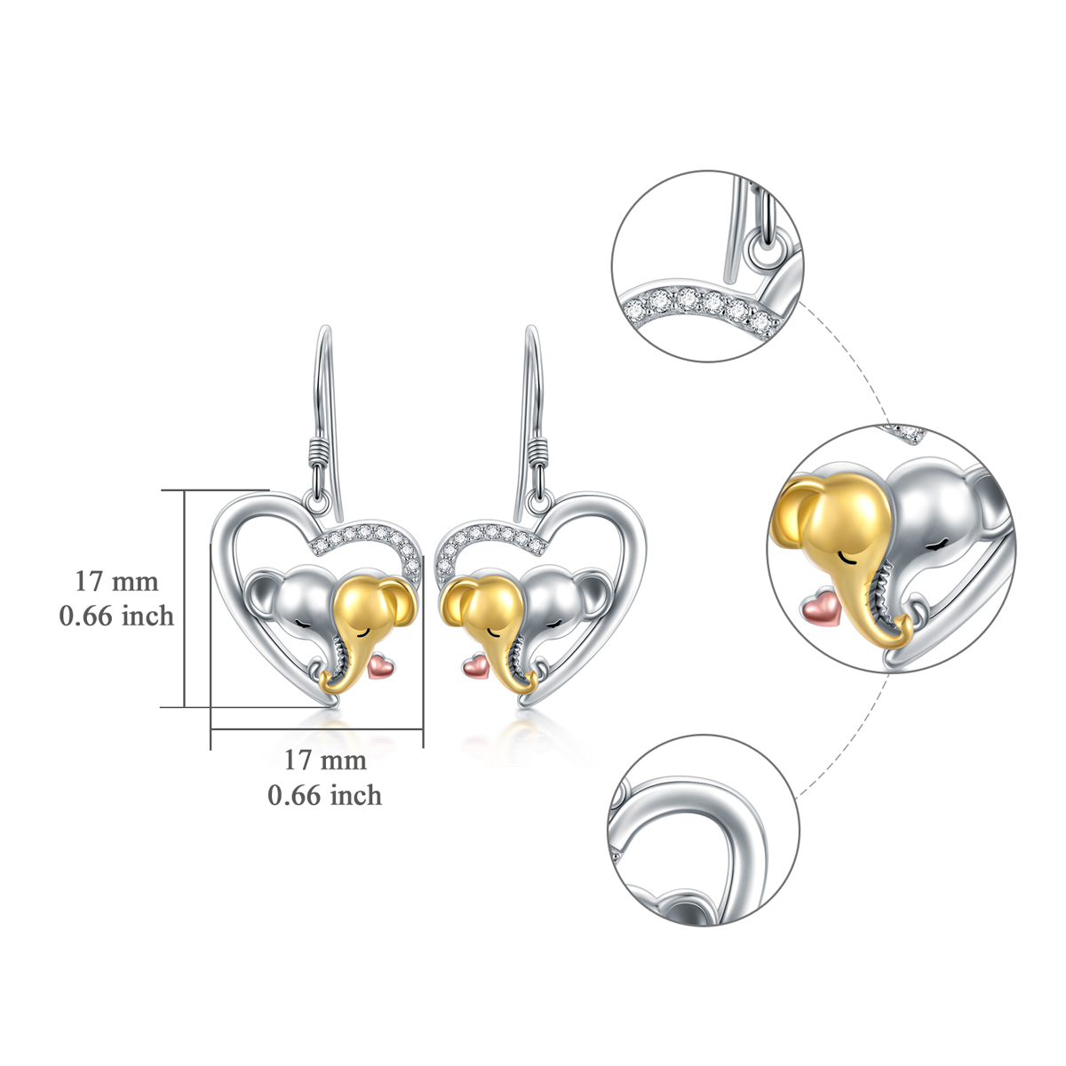 Pendientes triangulares de plata de ley con forma circular de circonita, elefante y corazó-5