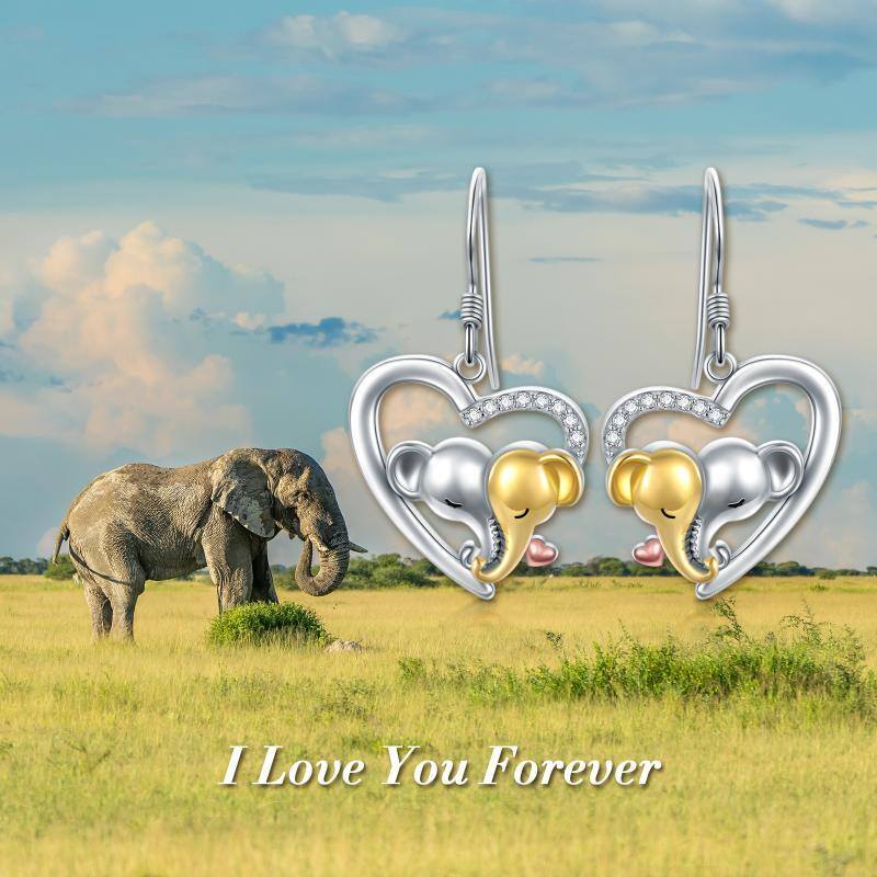 Boucles d'oreilles pendantes éléphant et coeur en argent sterling, de forme circulaire et-6