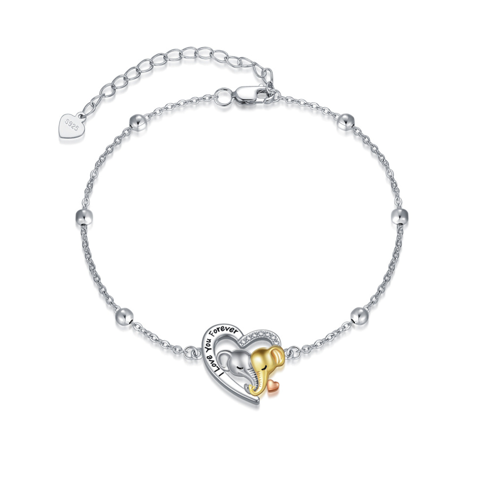 Sterling Silver Tri-tone Circular Shaped Cubic Zirconia Elephant & Heart Charm Bracelet with Engraved Word-1