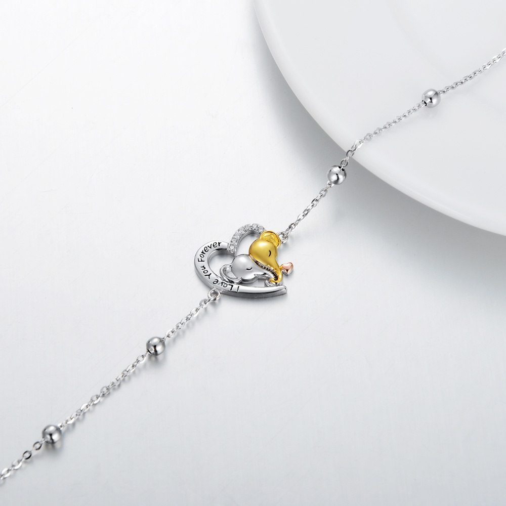 Sterling Silver Tri-tone Circular Shaped Cubic Zirconia Elephant & Heart Charm Bracelet with Engraved Word-3