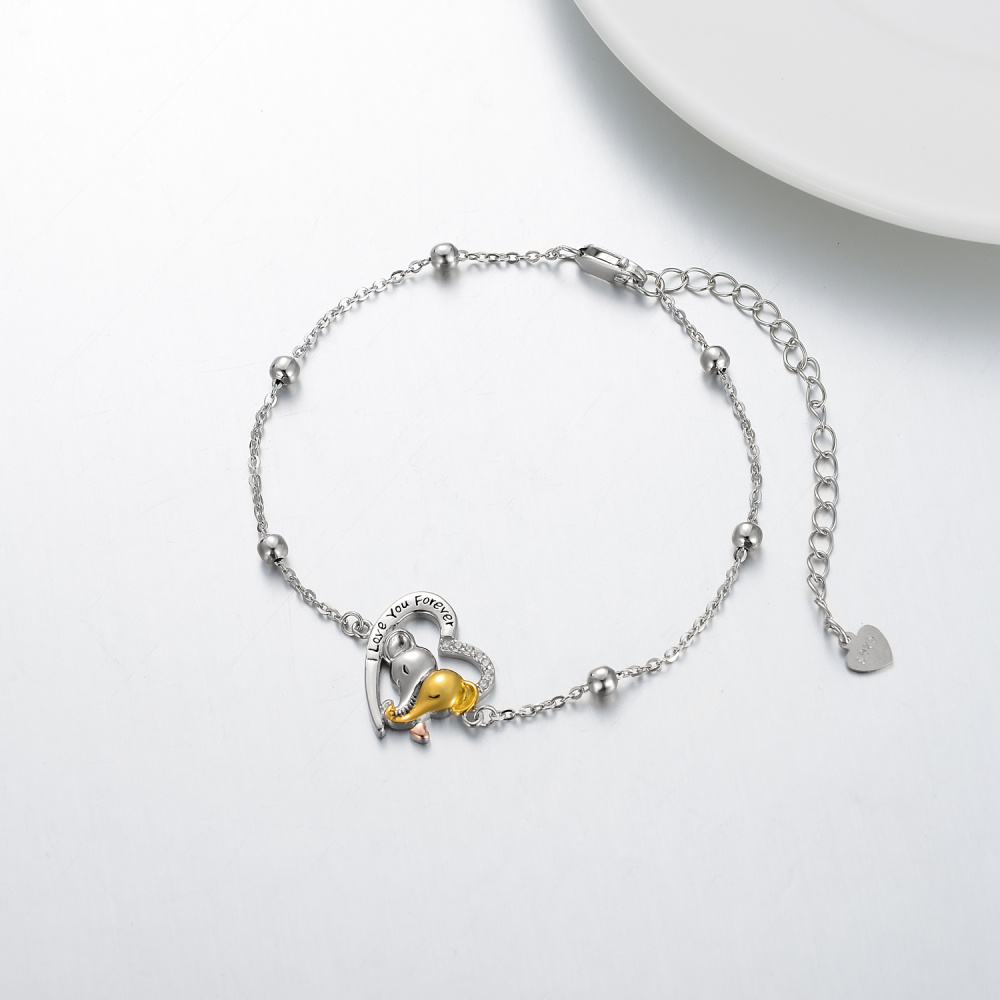 Sterling Silver Tri-tone Circular Shaped Cubic Zirconia Elephant & Heart Charm Bracelet with Engraved Word-4