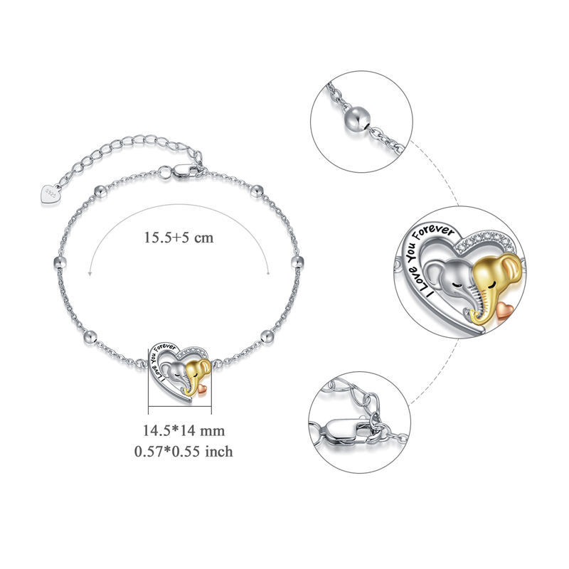 Sterling Silver Tri-tone Circular Shaped Cubic Zirconia Elephant & Heart Charm Bracelet with Engraved Word-5