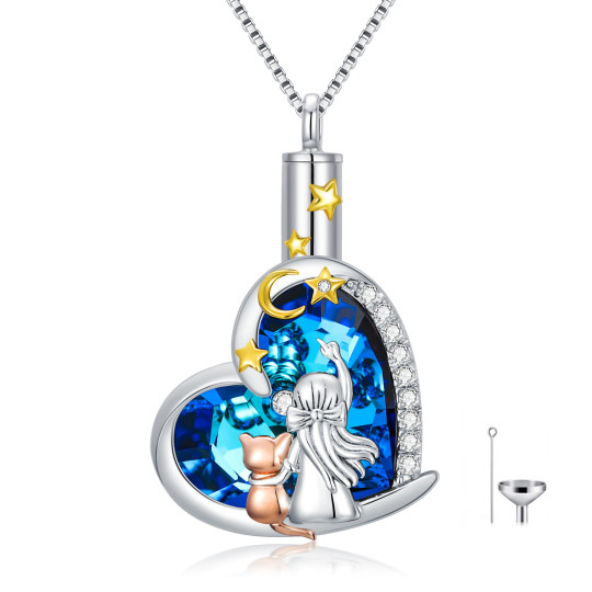 Sterling Silver Tri-tone Circular Shaped & Heart Shaped Crystal & Cubic Zirconia Cat & Heart & Moon & Star Urn Necklace for Ashes