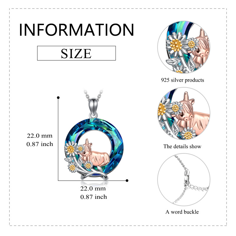 Sterling Silver Tri-tone Circular Shaped Highland Cow & Daisy Crystal Pendant Necklace-5