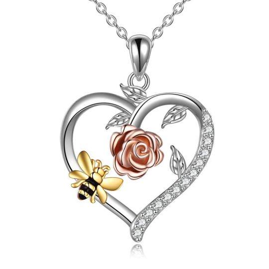 Collana in argento sterling con ciondolo circolare a forma di ape e di rosa e cuore