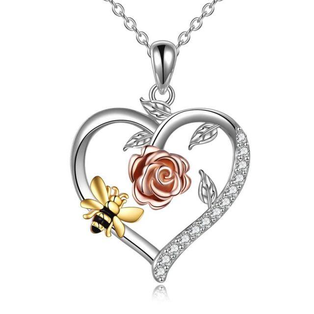 Sterling Silver Tri-tone Circular Shaped Zircon Bee & Rose & Heart Pendant Necklace-5