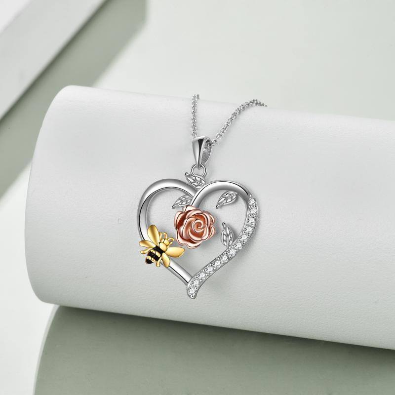 Collier avec pendentif abeille et rose en argent sterling tricolore avec zircon circulaire pour femme-3