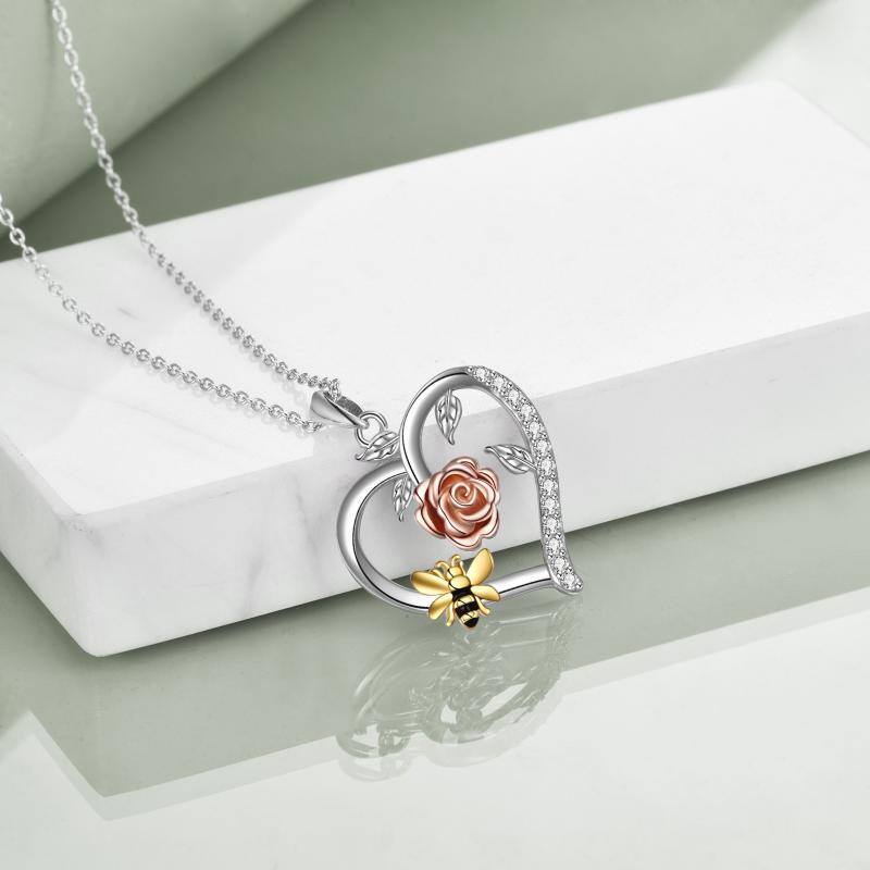 Collier avec pendentif abeille et rose en argent sterling tricolore avec zircon circulaire pour femme-4