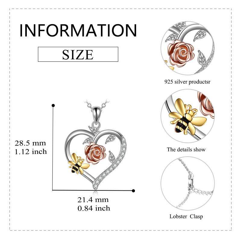 Collier avec pendentif abeille et rose en argent sterling tricolore avec zircon circulaire pour femme-5