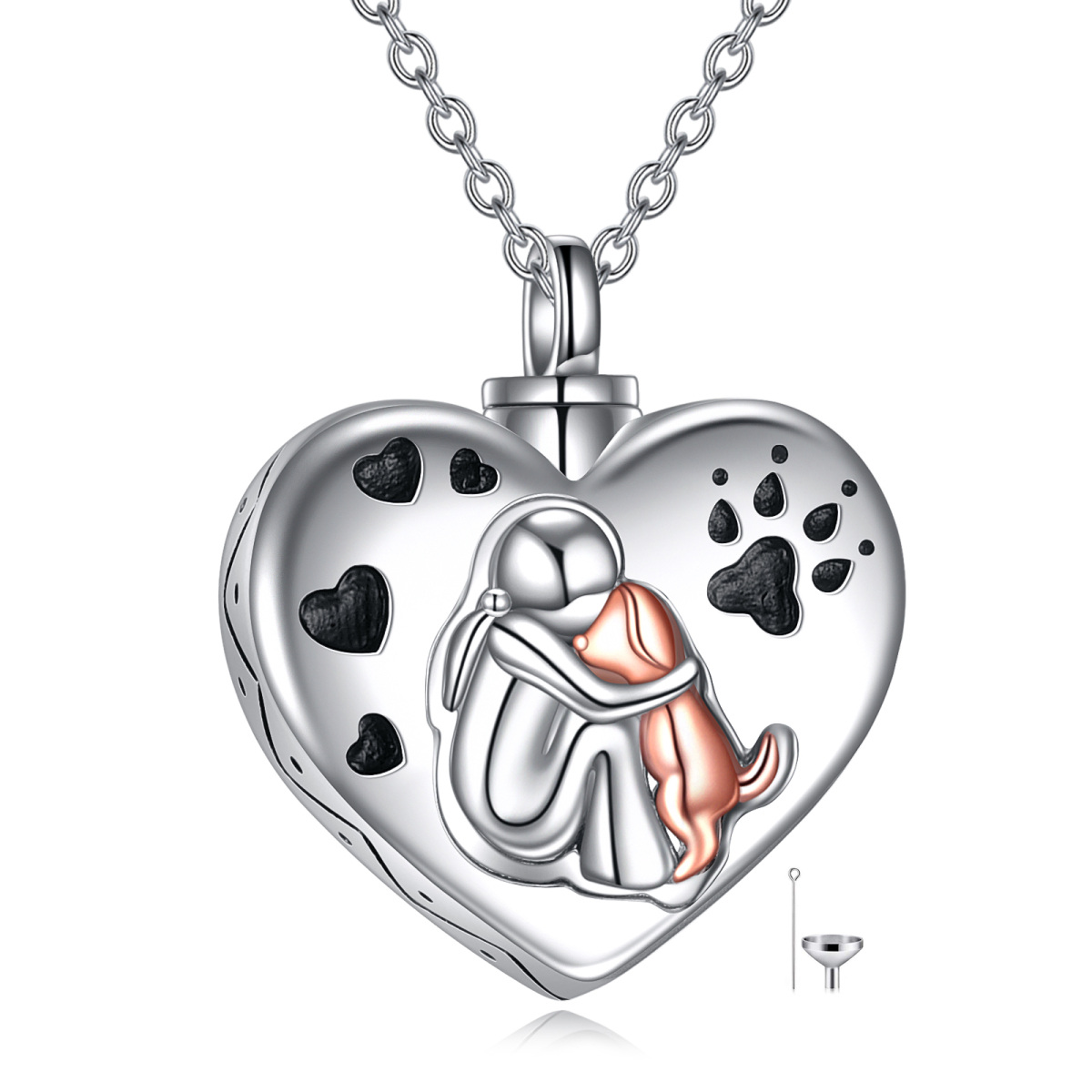 Collier bicolore en argent sterling avec cœur et chien avec empreintes de pieds pour cendres-1