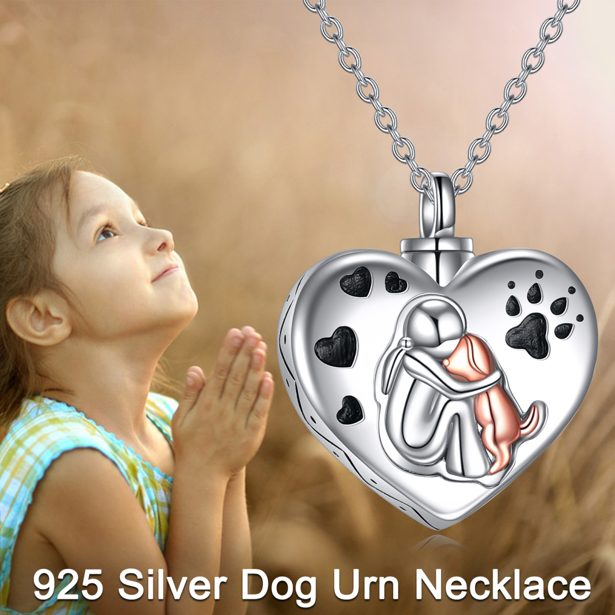 Collier bicolore en argent sterling avec cœur et chien avec empreintes de pieds pour cendres-5