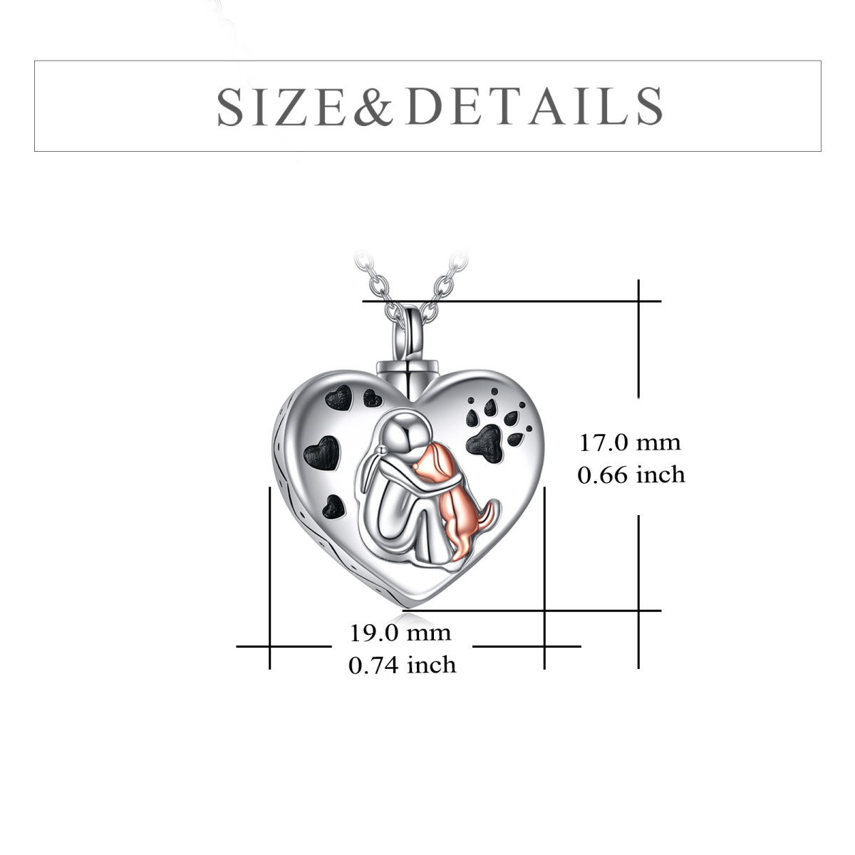 Collier bicolore en argent sterling avec cœur et chien avec empreintes de pieds pour cendres-6