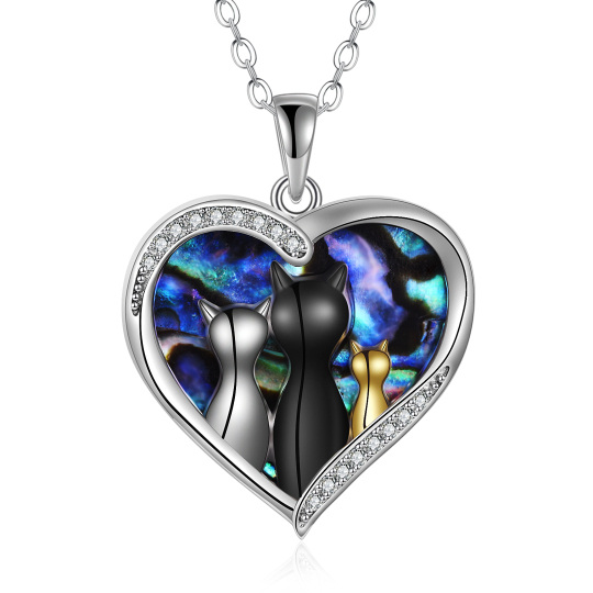 Collana con ciondolo a forma di cuore di gatto con zirconi cubici di abalone a forma di cuore circolare in tre toni in argento sterling