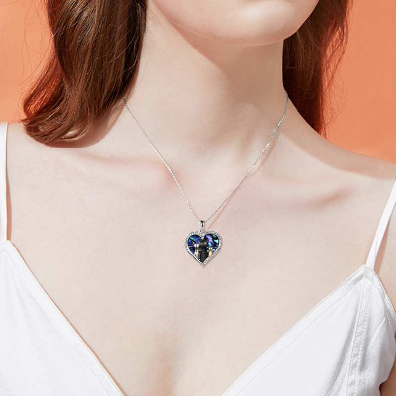 Sterling Silver Tri-Tone Heart Abalone Shellfish Cat Pendant Necklace For Women-2