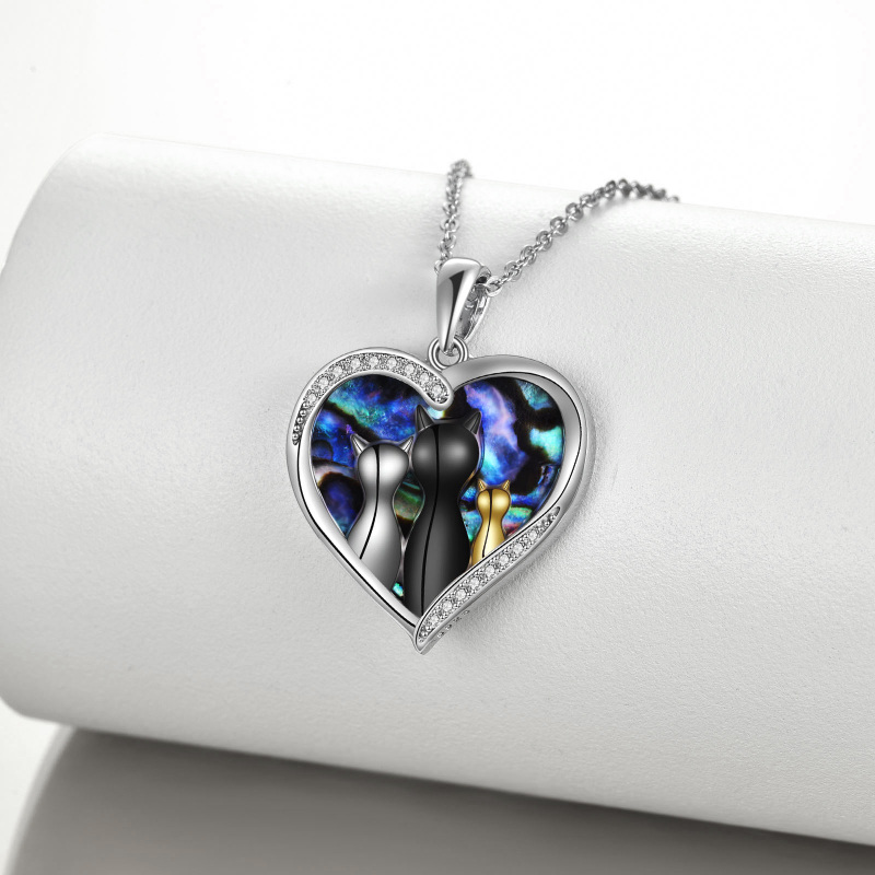 Sterling Silver Tri-Tone Heart Abalone Shellfish Cat Pendant Necklace For Women-3