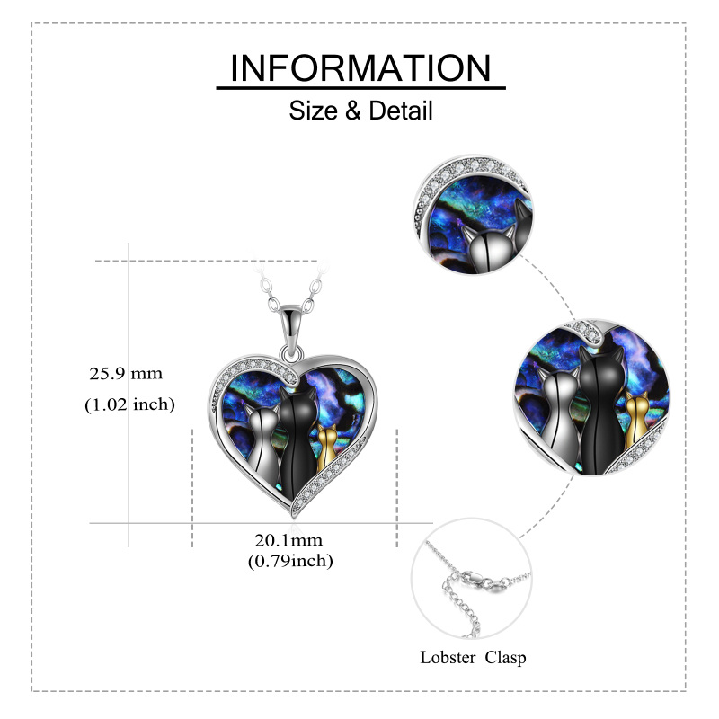 Sterling Silver Tri-Tone Heart Abalone Shellfish Cat Pendant Necklace For Women-5