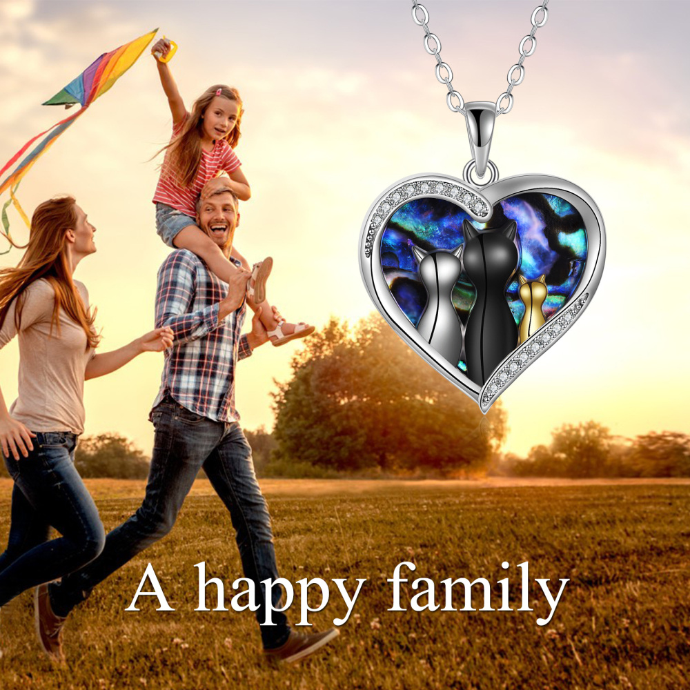 Sterling Silver Tri-Tone Heart Abalone Shellfish Cat Pendant Necklace For Women-6