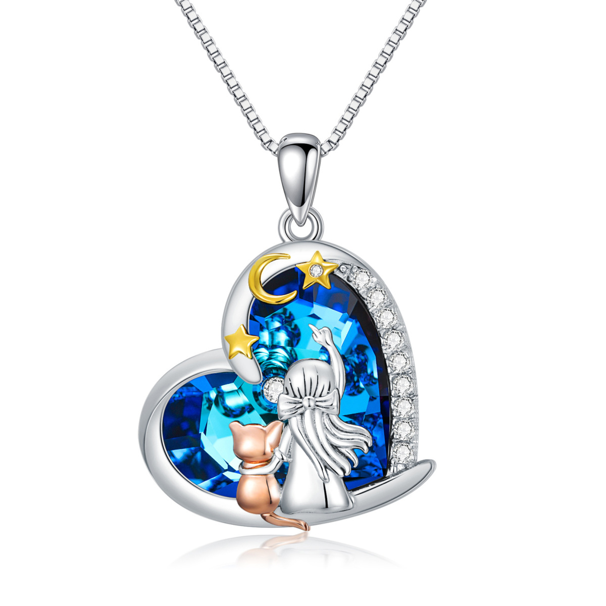 Collar con colgante de plata de ley con forma de corazón y cristal de gato, luna y estrella, para mujeres, mejores amigas-1