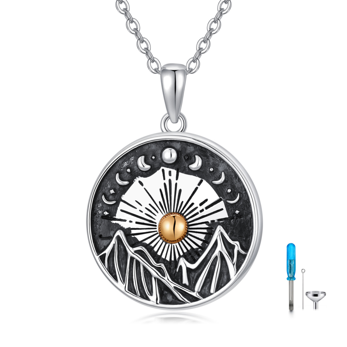 Collana con urna per le ceneri in argento sterling con luna e montagne in tre tonalità-1