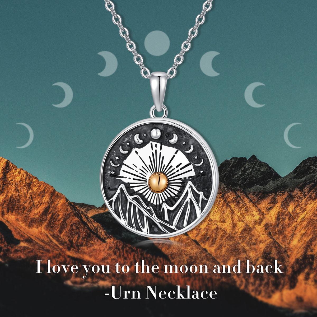 Collana con urna per le ceneri in argento sterling con luna e montagne in tre tonalità-3