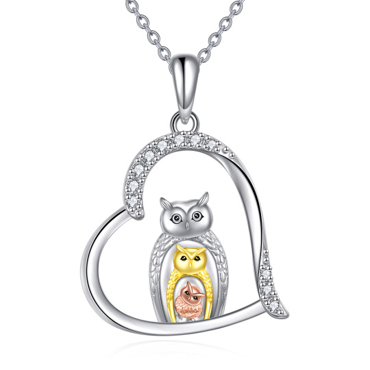 Collana in argento sterling con ciondolo a forma di gufo e cuore con zirconia cubica bicolore