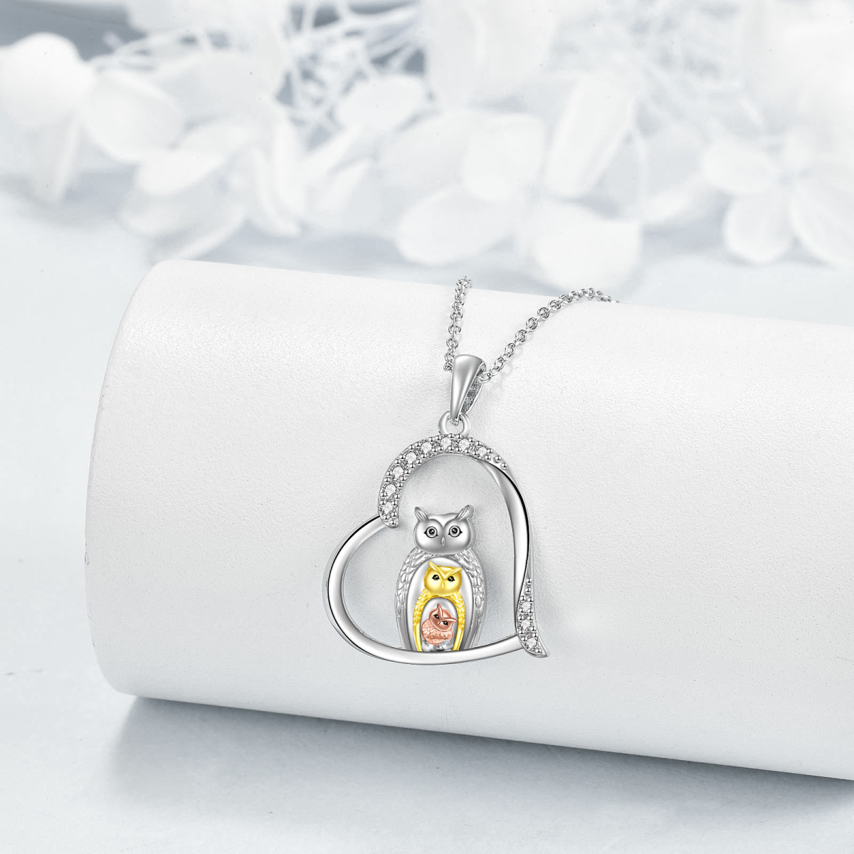 Sterling Silver Tri-tone Cubic Zirconia Owl & Heart Pendant Necklace-4