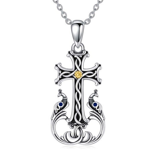 Sterling Silver Tri-tone Peacock & Cross Pendant Necklace